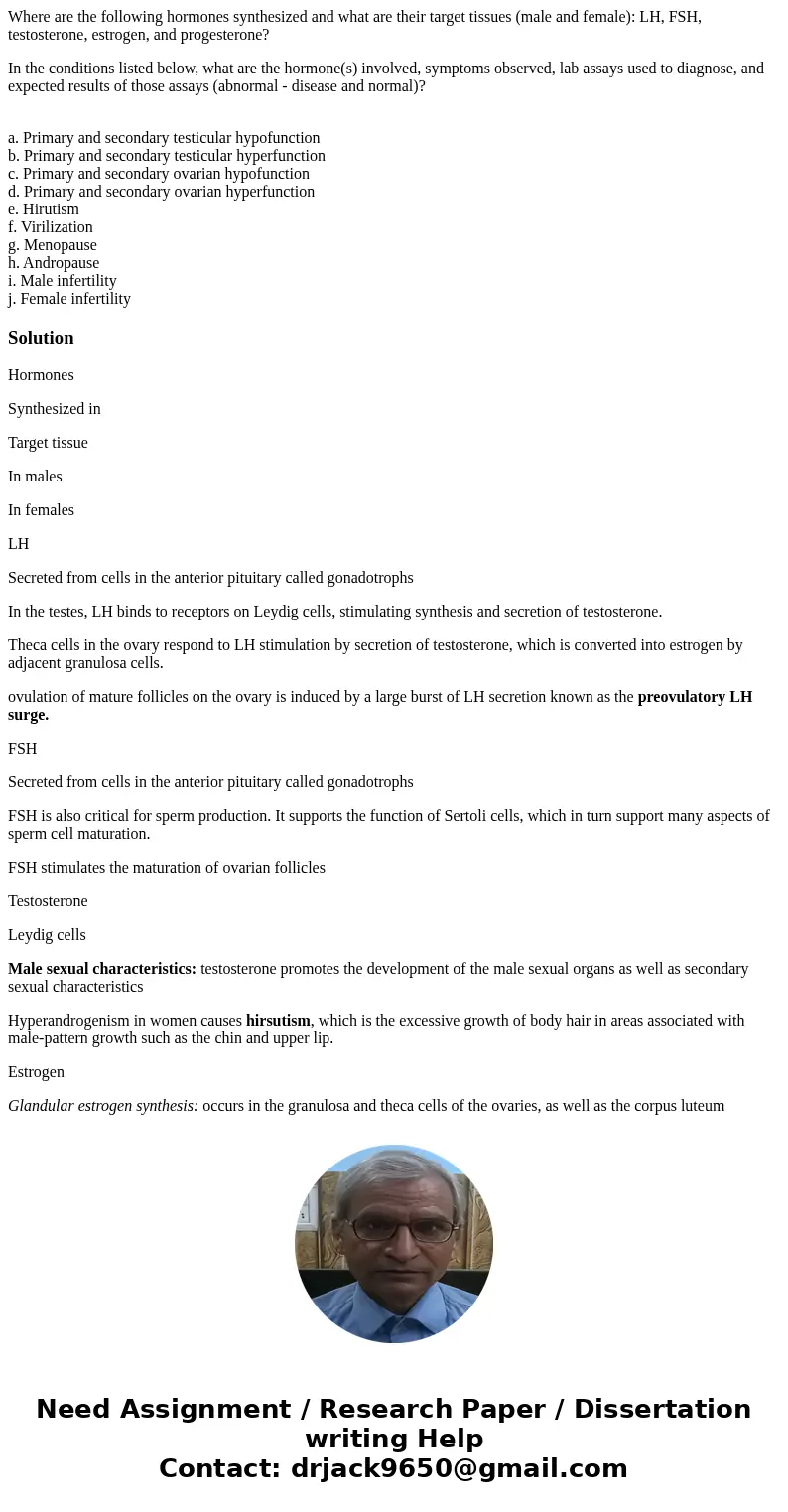 Where are the following hormones synthesized and what are their target tissues (male and female): LH, FSH, testosterone, estrogen, and progesterone? In the cond
