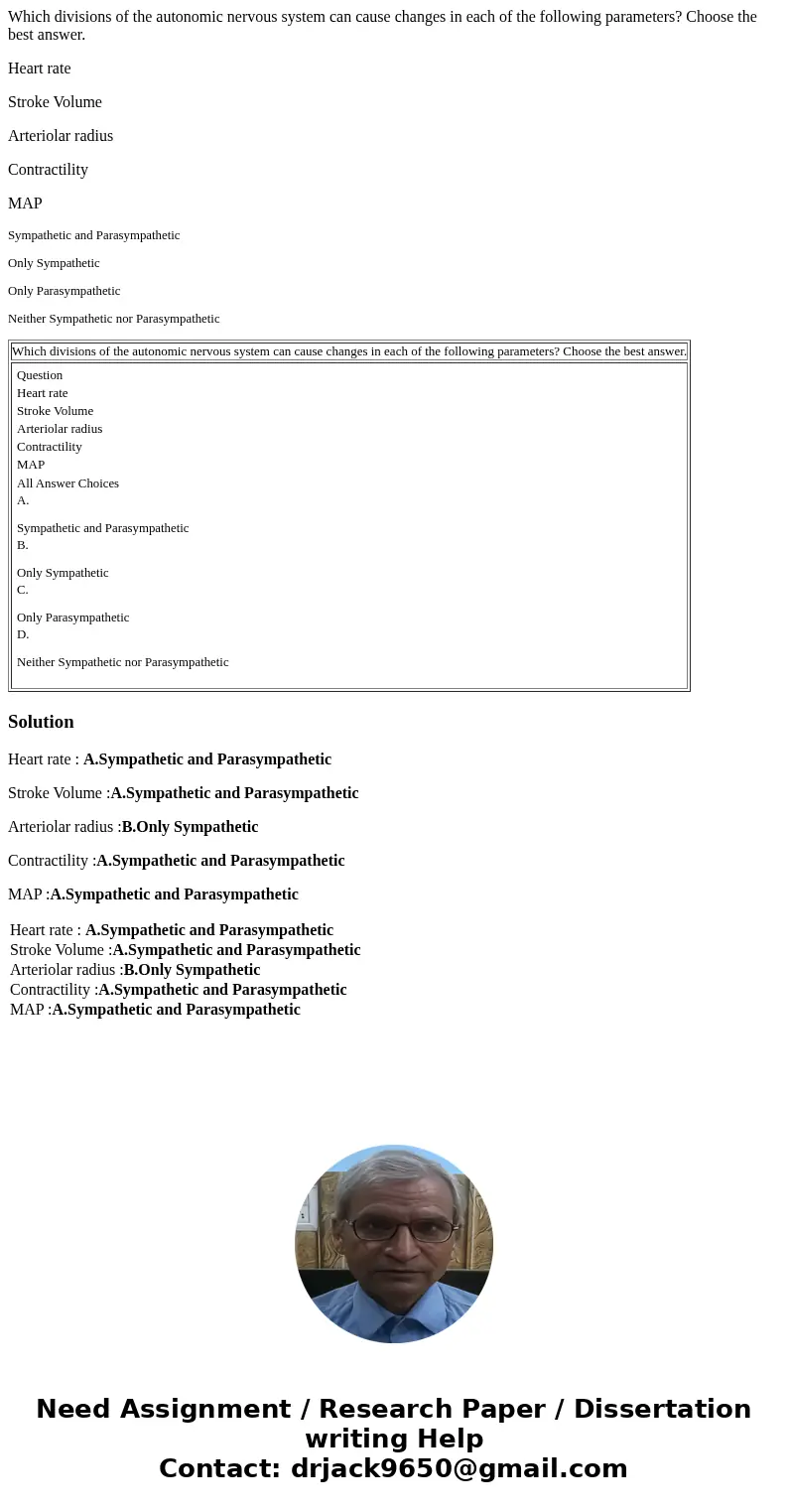  Which divisions of the autonomic nervous system can cause changes in each of the following parameters? Choose the best answer. Heart rate Stroke Volume Arterio