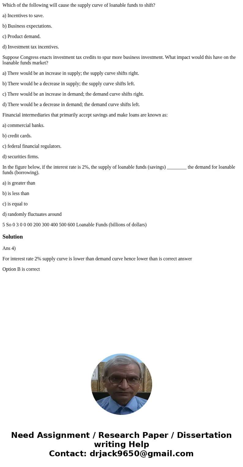 Which of the following will cause the supply curve of loanable funds to shift? a) Incentives to save. b) Business expectations. c) Product demand. d) Investment Which of the following will cause the supply curve of loanable funds to shift? a) Incentives to save. b) Business expectations. c) Product demand. d) Investment