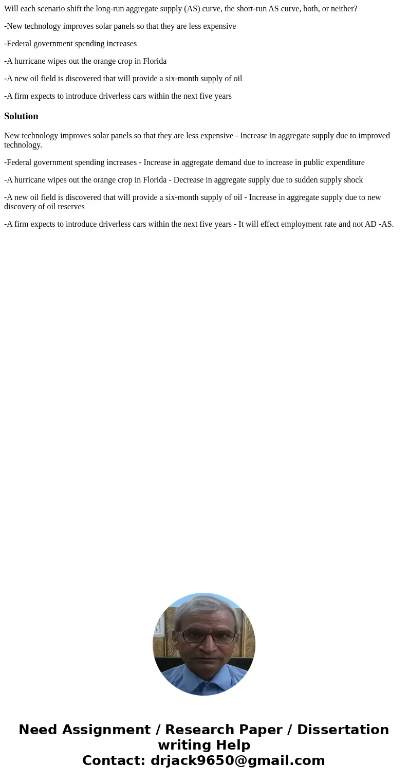 Will each scenario shift the long-run aggregate supply (AS) curve, the short-run AS curve, both, or neither? -New technology improves solar panels so that they  Will each scenario shift the long-run aggregate supply (AS) curve, the short-run AS curve, both, or neither? -New technology improves solar panels so that they