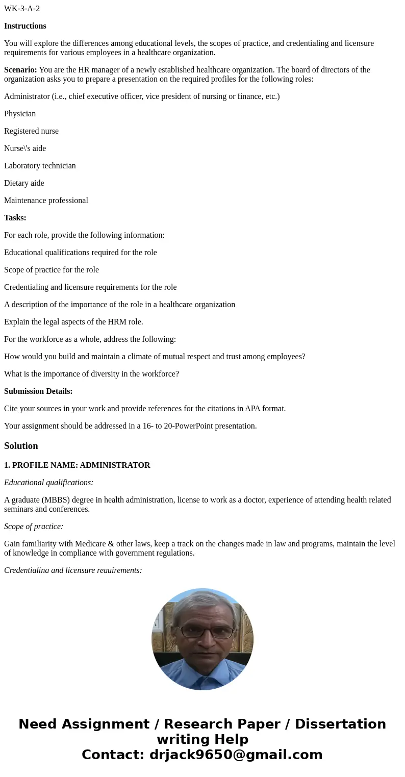 WK-3-A-2 Instructions You will explore the differences among educational levels, the scopes of practice, and credentialing and licensure requirements for variou WK-3-A-2 Instructions You will explore the differences among educational levels, the scopes of practice, and credentialing and licensure requirements for variou