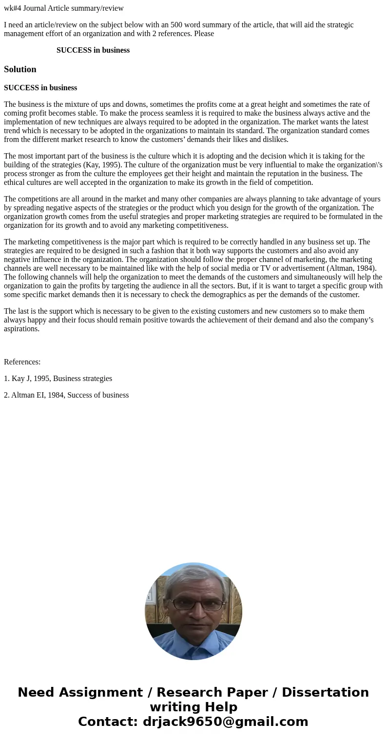 wk#4 Journal Article summary/review I need an article/review on the subject below with an 500 word summary of the article, that will aid the strategic managemen