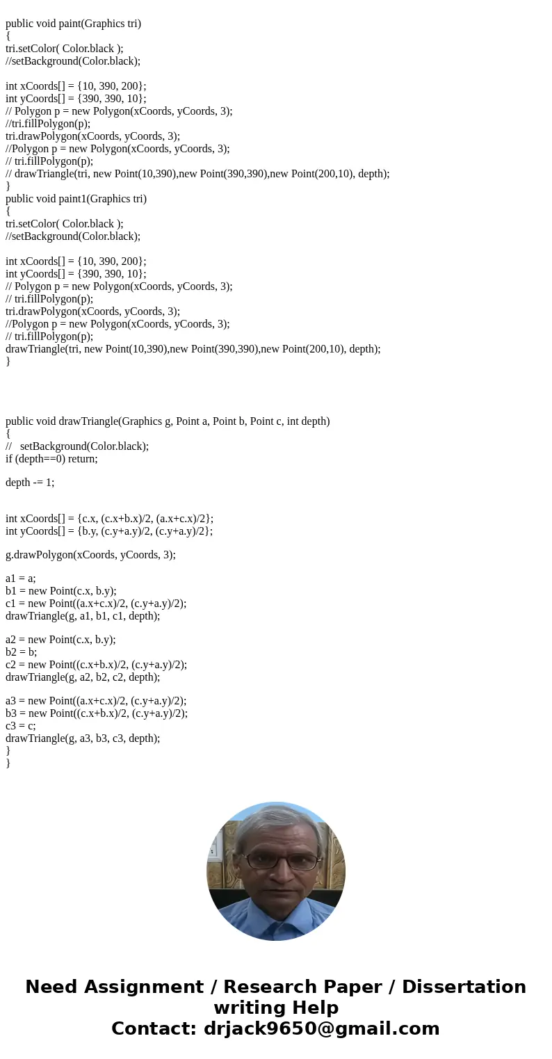 Write a program in JAVA in your own original code, because i know this is already on chegg which draws (yes it actually makes a picture) a triangular fractal us