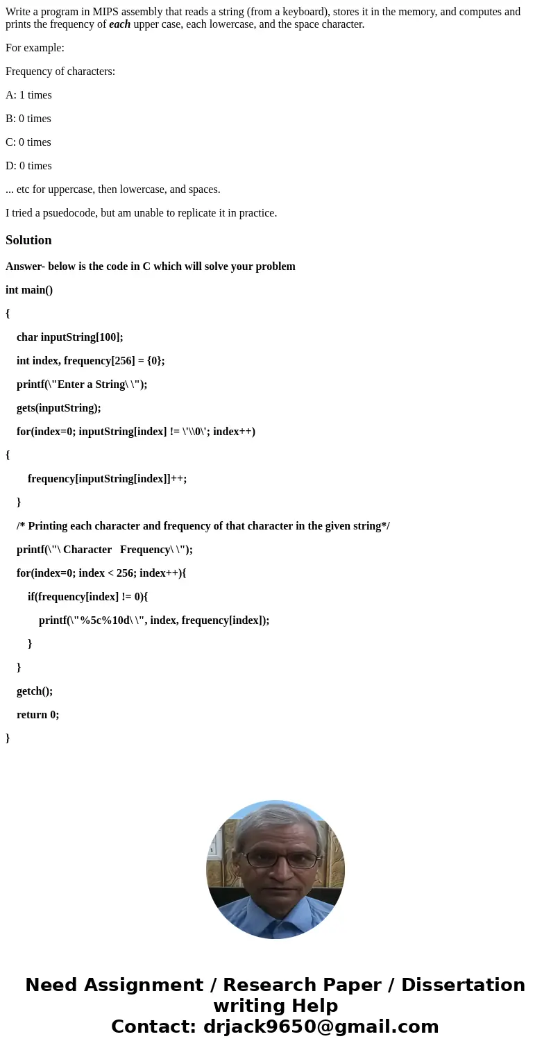 Write a program in MIPS assembly that reads a string (from a keyboard), stores it in the memory, and computes and prints the frequency of each upper case, each 