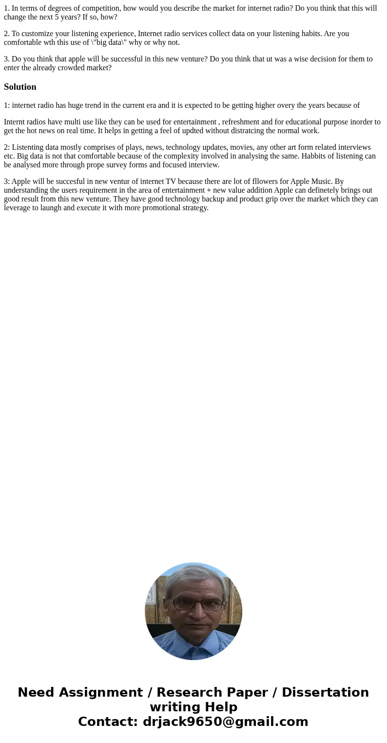 1. In terms of degrees of competition, how would you describe the market for internet radio? Do you think that this will change the next 5 years? If so, how? 2. 1. In terms of degrees of competition, how would you describe the market for internet radio? Do you think that this will change the next 5 years? If so, how? 2.