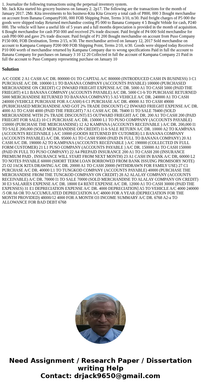1. Journalize the following transactions using the perpetual inventory system. Mr. Jack Kita started his grocery business on January 2. 2p17. The following are  1. Journalize the following transactions using the perpetual inventory system. Mr. Jack Kita started his grocery business on January 2. 2p17. The following are