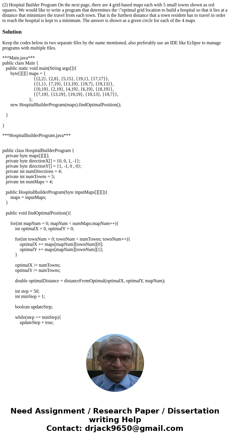 (2) Hospital Builder Program On the next page, there are 4 grid-based maps each with 5 small towns shown as red squares. We would like to write a program that   (2) Hospital Builder Program On the next page, there are 4 grid-based maps each with 5 small towns shown as red squares. We would like to write a program that