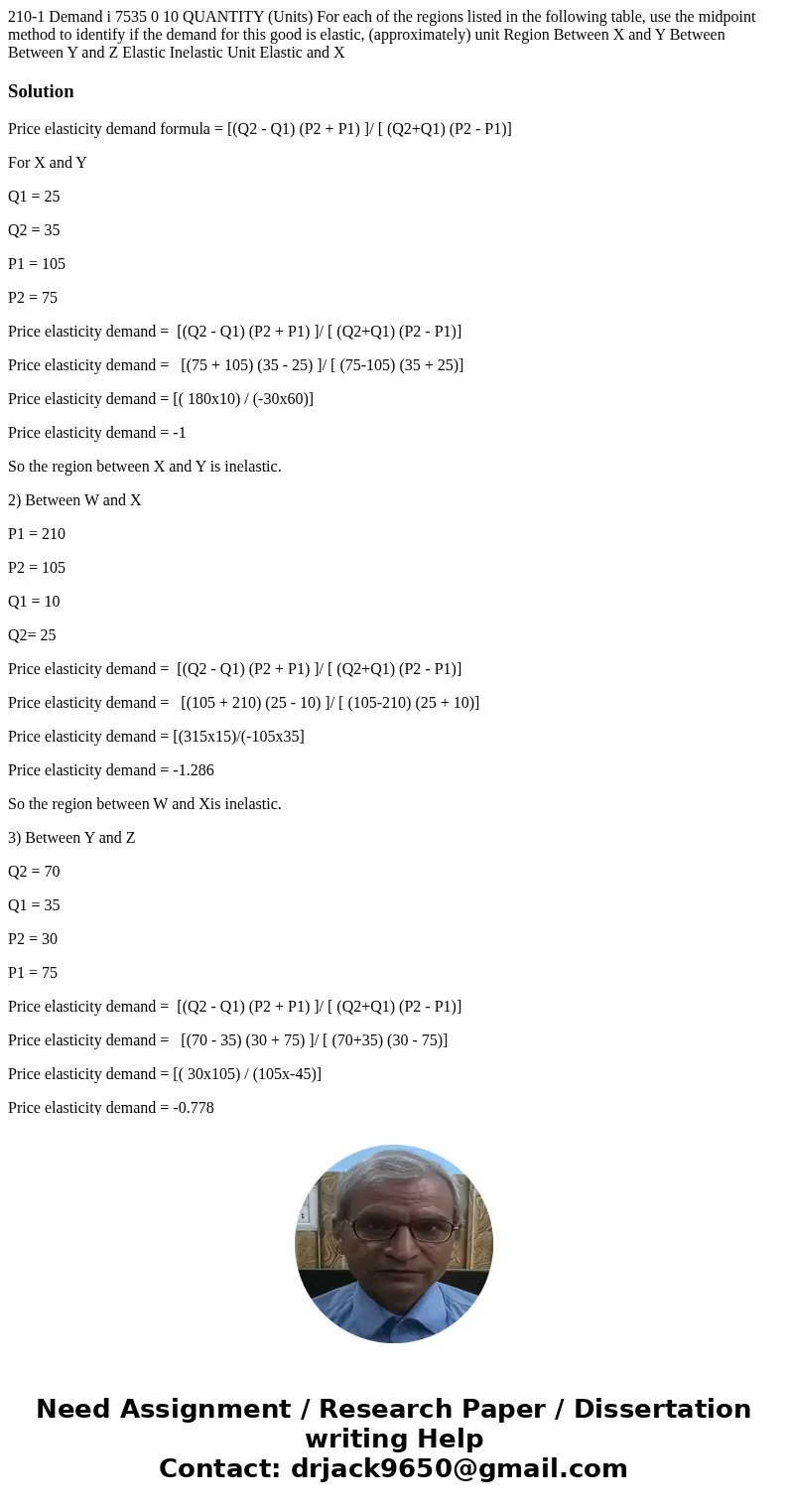 210-1 Demand i 7535 0 10 QUANTITY (Units) For each of the regions listed in the following table, use the midpoint method to identify if the demand for this goo  210-1 Demand i 7535 0 10 QUANTITY (Units) For each of the regions listed in the following table, use the midpoint method to identify if the demand for this goo
