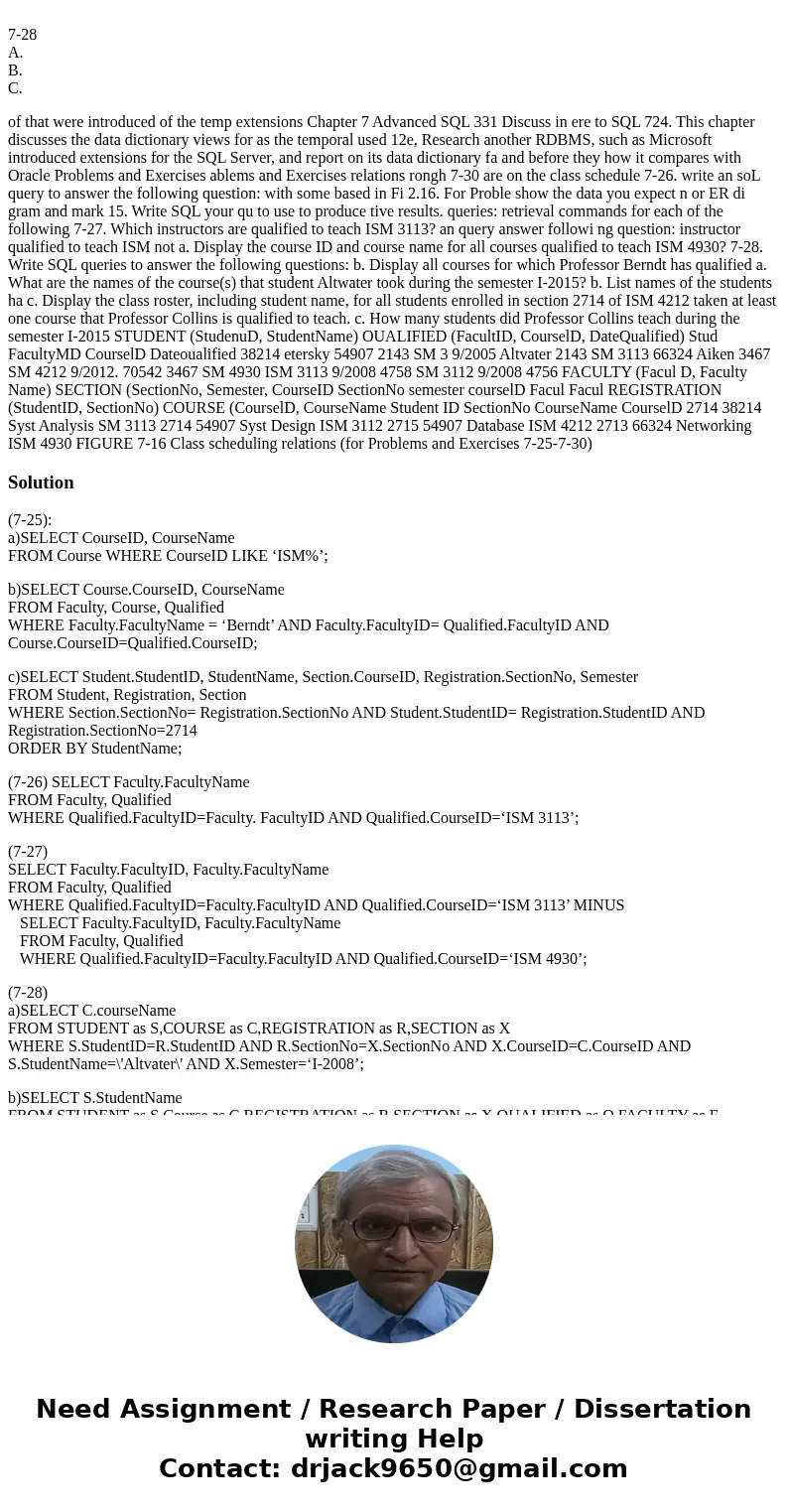  7-28 A. B. C. of that were introduced of the temp extensions Chapter 7 Advanced SQL 331 Discuss in ere to SQL 724. This chapter discusses the data dictionary v