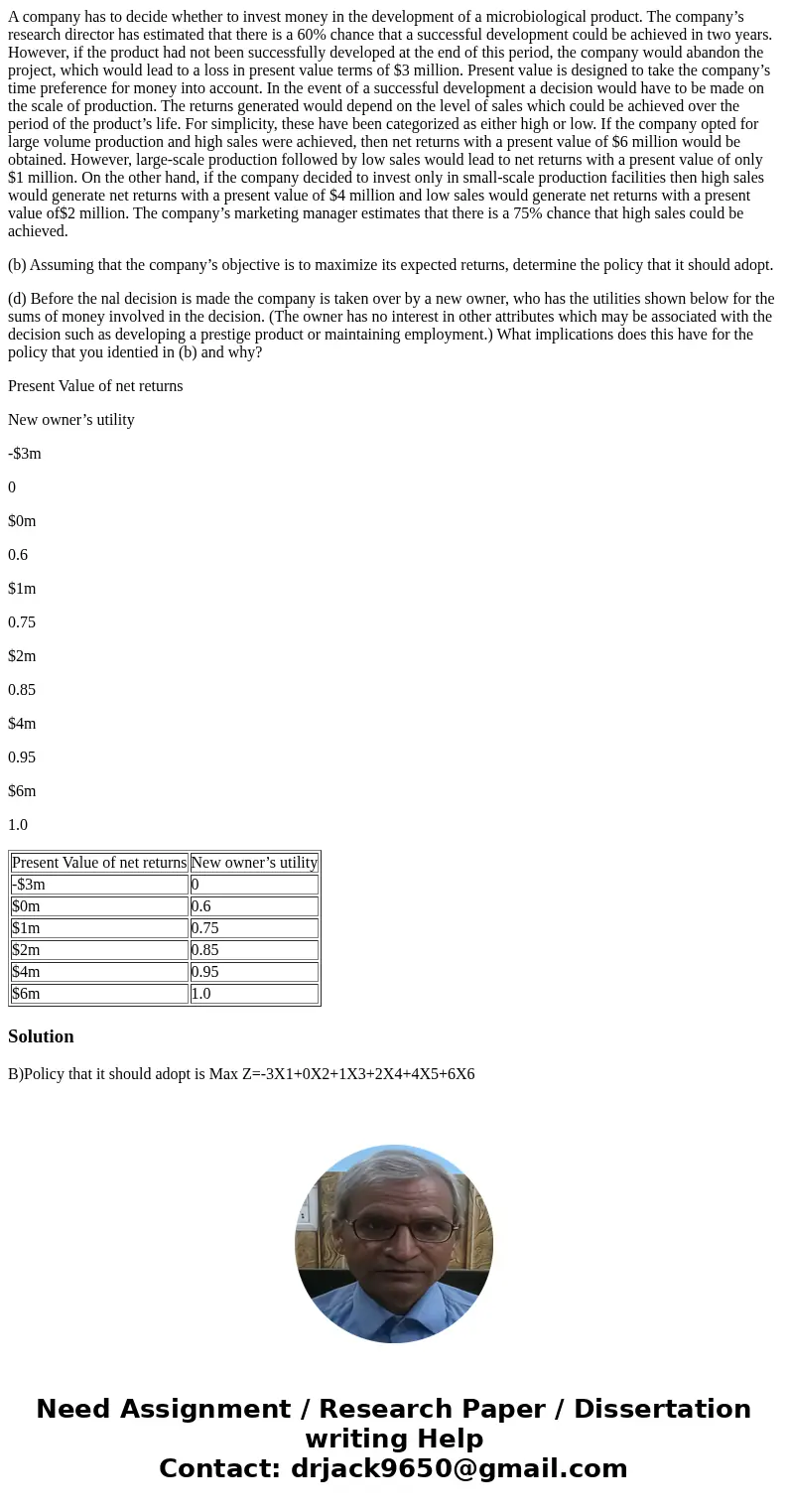 A company has to decide whether to invest money in the development of a microbiological product. The company’s research director has estimated that there is a 6 A company has to decide whether to invest money in the development of a microbiological product. The company’s research director has estimated that there is a 6