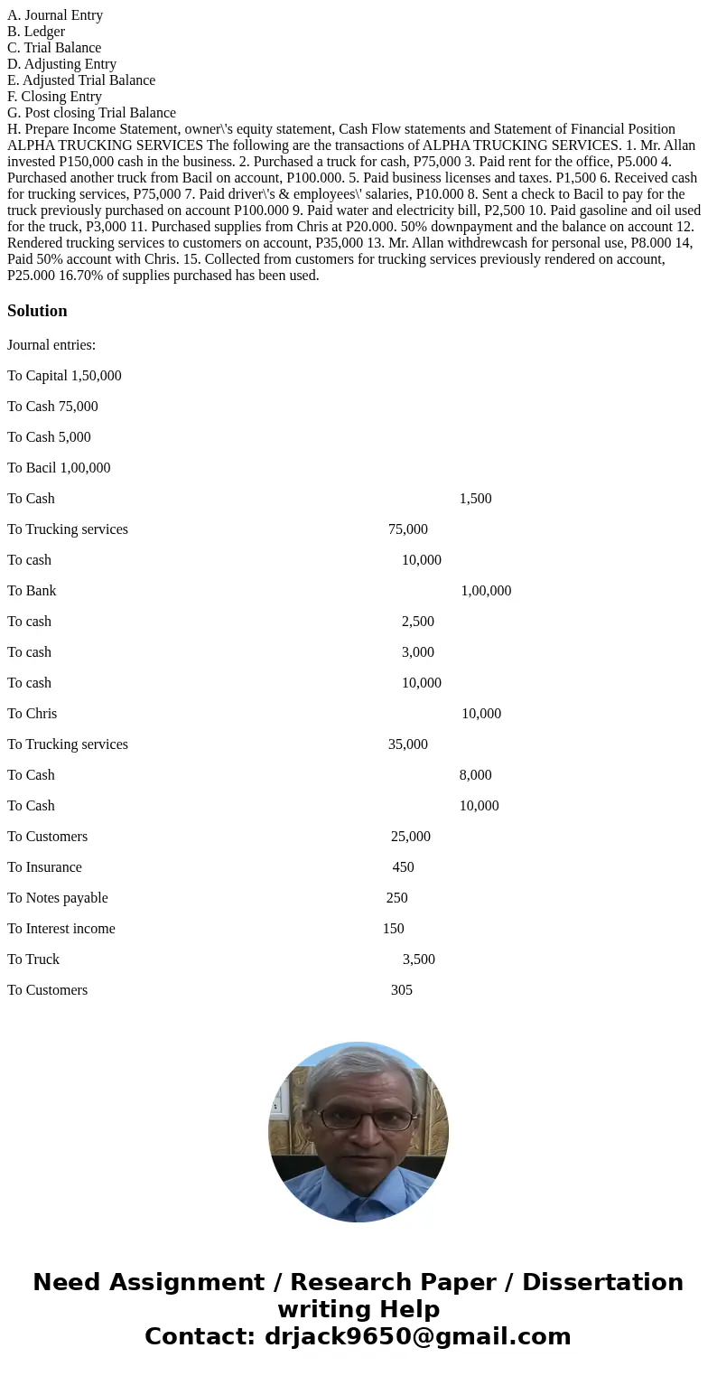 A. Journal Entry B. Ledger C. Trial Balance D. Adjusting Entry E. Adjusted Trial Balance F. Closing Entry G. Post closing Trial Balance H. Prepare Income Statem