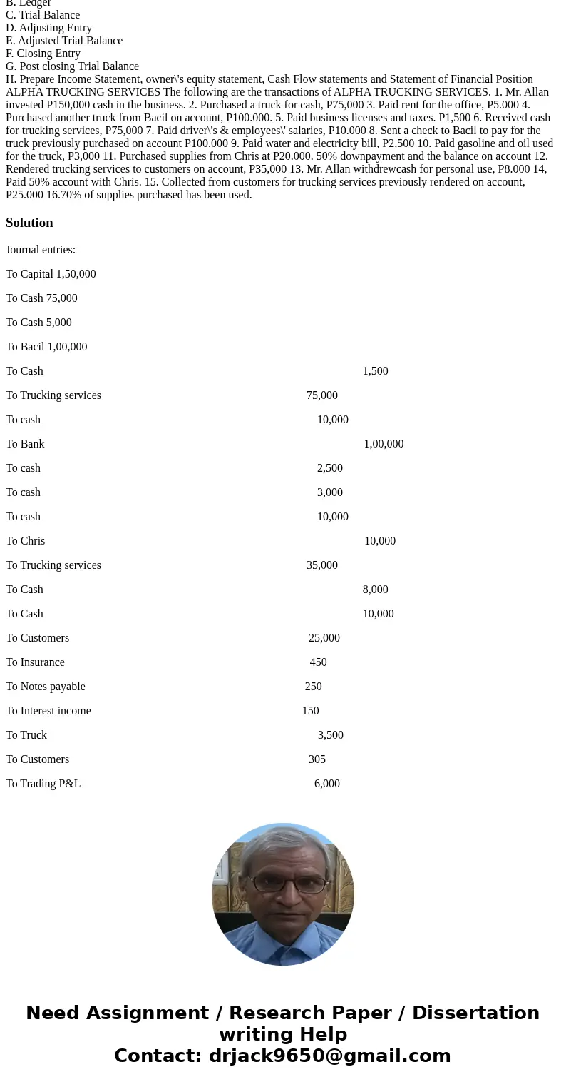 A. Journal Entry B. Ledger C. Trial Balance D. Adjusting Entry E. Adjusted Trial Balance F. Closing Entry G. Post closing Trial Balance H. Prepare Income Statem
