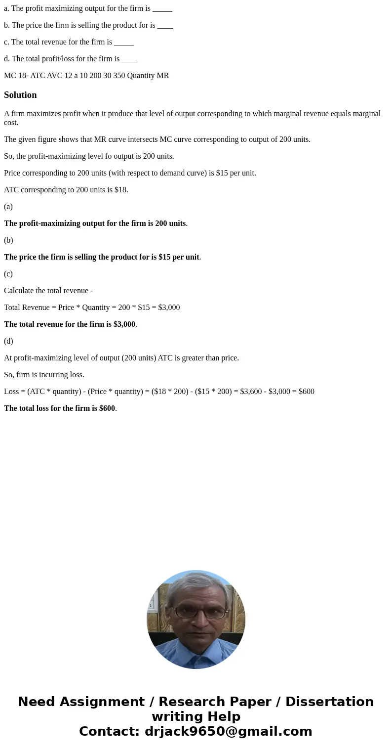 a. The profit maximizing output for the firm is _____ b. The price the firm is selling the product for is ____ c. The total revenue for the firm is _____ d. The a. The profit maximizing output for the firm is _____ b. The price the firm is selling the product for is ____ c. The total revenue for the firm is _____ d. The