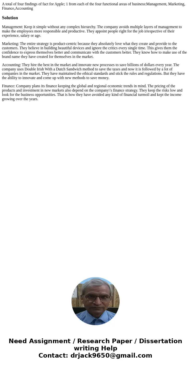 A total of four findings of fact for Apple; 1 from each of the four functional areas of business:Management, Marketing, Finance,AccountingSolutionManagement: Ke