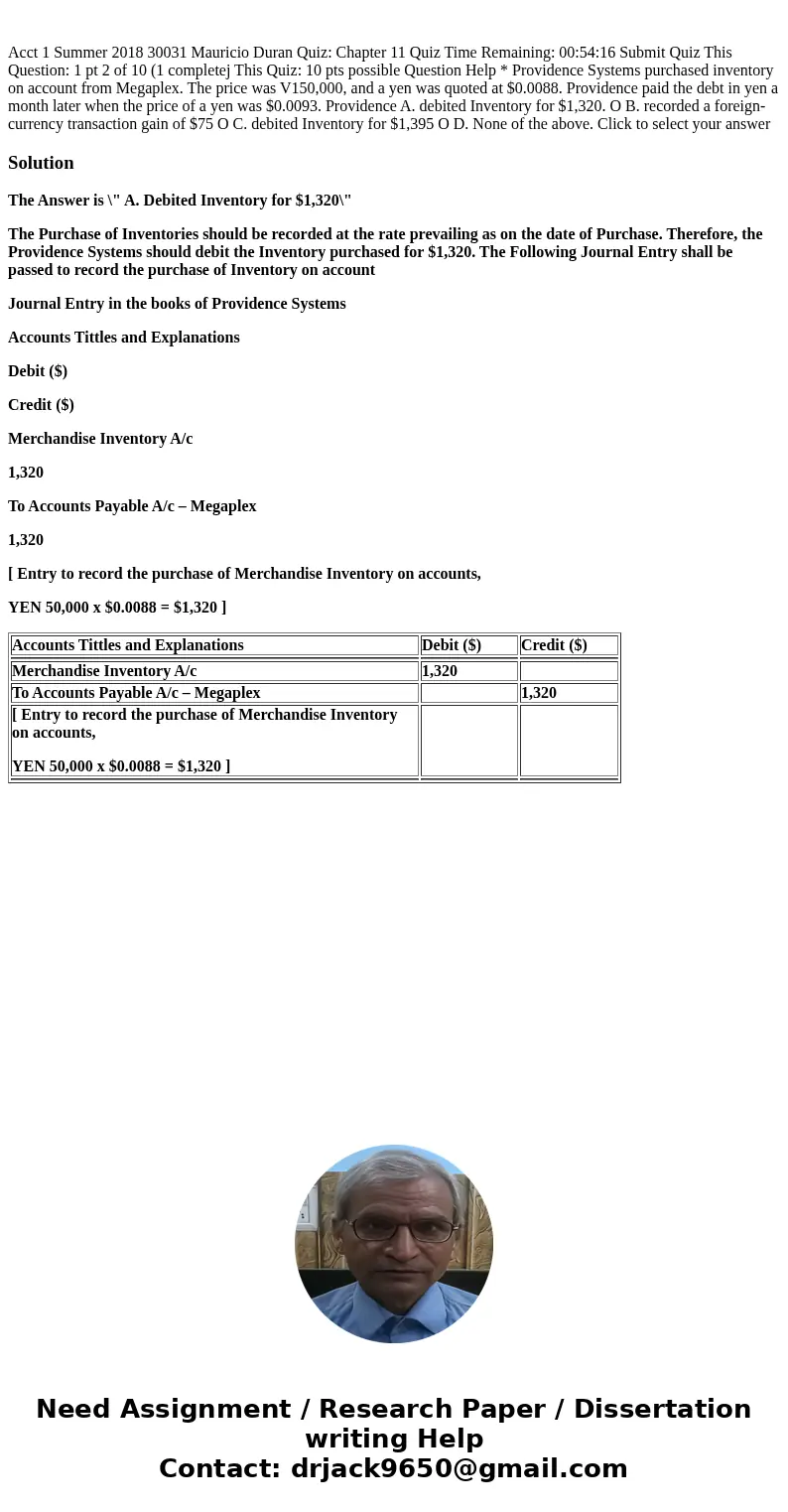  Acct 1 Summer 2018 30031 Mauricio Duran Quiz: Chapter 11 Quiz Time Remaining: 00:54:16 Submit Quiz This Question: 1 pt 2 of 10 (1 completej This Quiz: 10 pts p