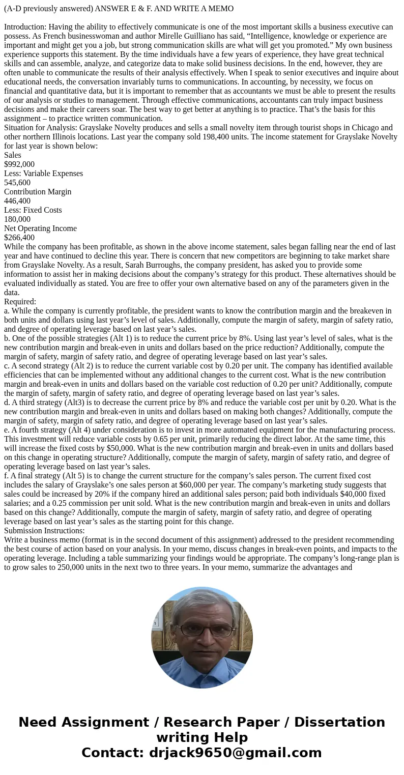  (A-D previously answered) ANSWER E & F. AND WRITE A MEMO Introduction: Having the ability to effectively communicate is one of the most important skills a 