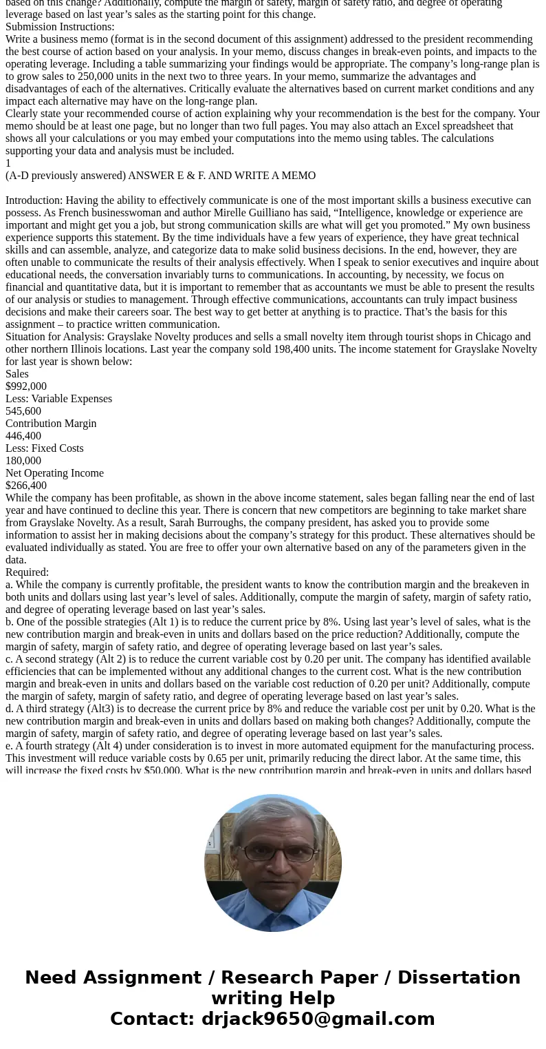  (A-D previously answered) ANSWER E & F. AND WRITE A MEMO Introduction: Having the ability to effectively communicate is one of the most important skills a 