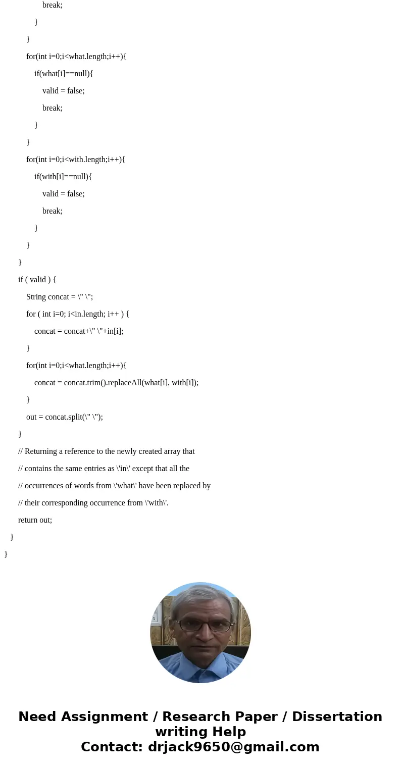 Add JavaDoc comments to the method findAndReplace. Each comment should include a brief description of what the method does and descriptions of the parameters an