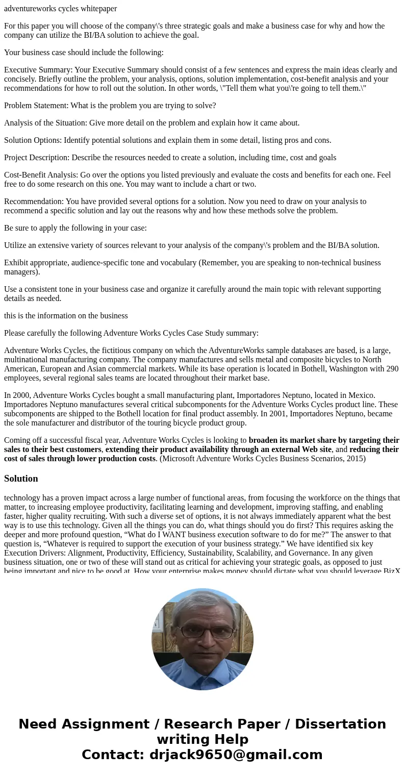 adventureworks cycles whitepaper For this paper you will choose of the company\'s three strategic goals and make a business case for why and how the company can adventureworks cycles whitepaper For this paper you will choose of the company\'s three strategic goals and make a business case for why and how the company can