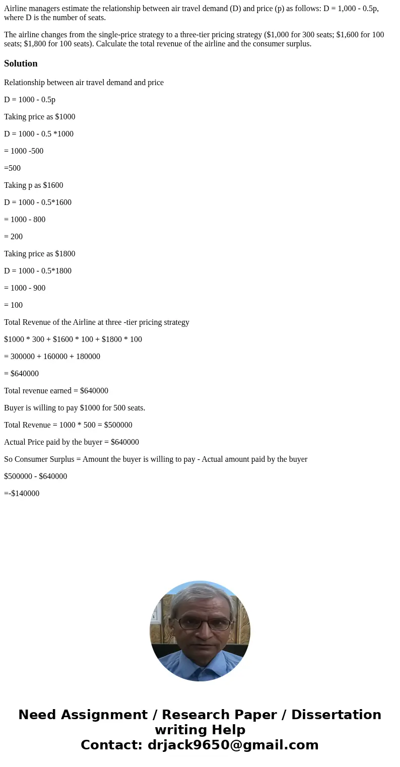 Airline managers estimate the relationship between air travel demand (D) and price (p) as follows: D = 1,000 - 0.5p, where D is the number of seats. The airline