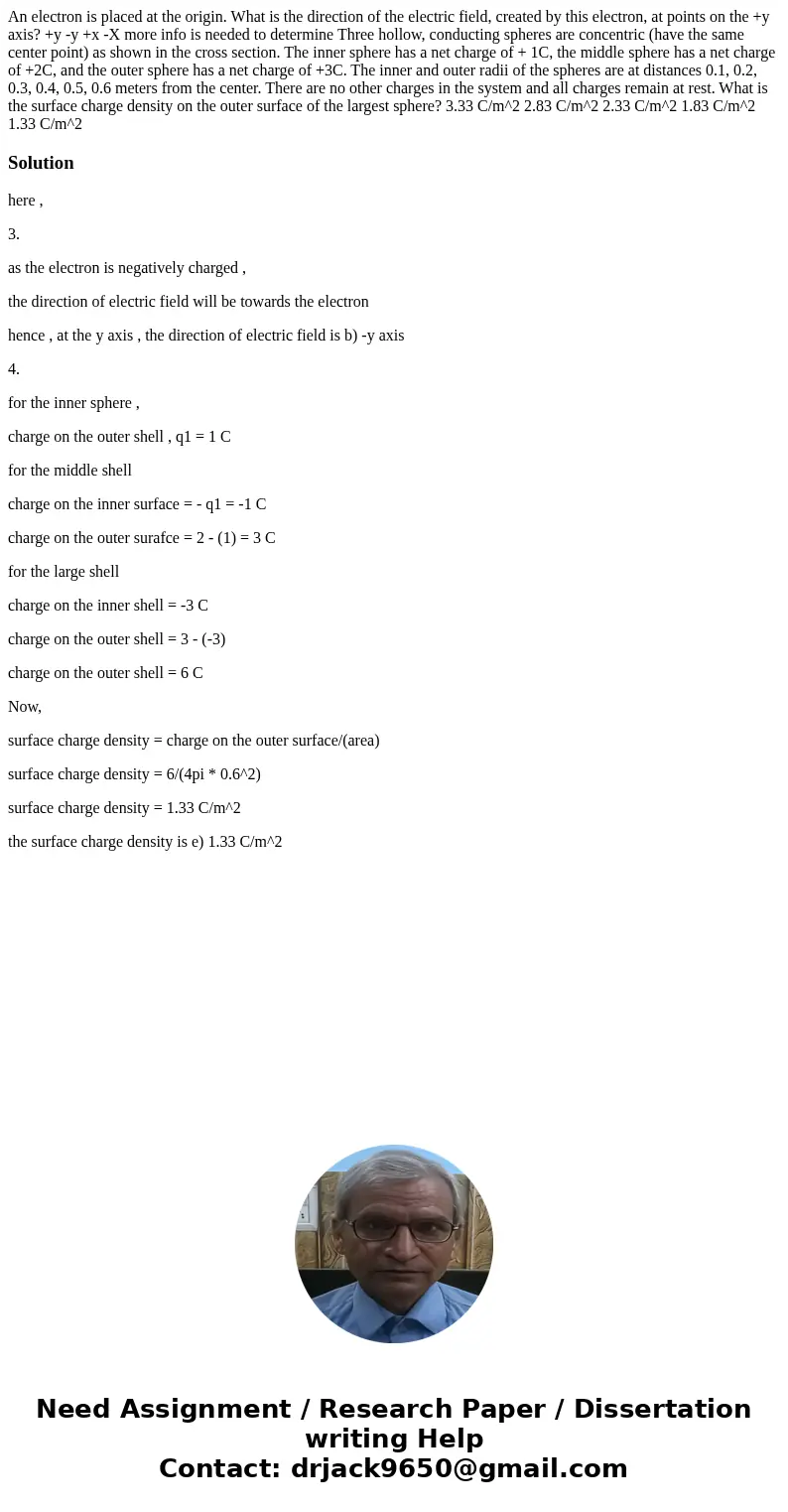  An electron is placed at the origin. What is the direction of the electric field, created by this electron, at points on the +y axis? +y -y +x -X more info is 
