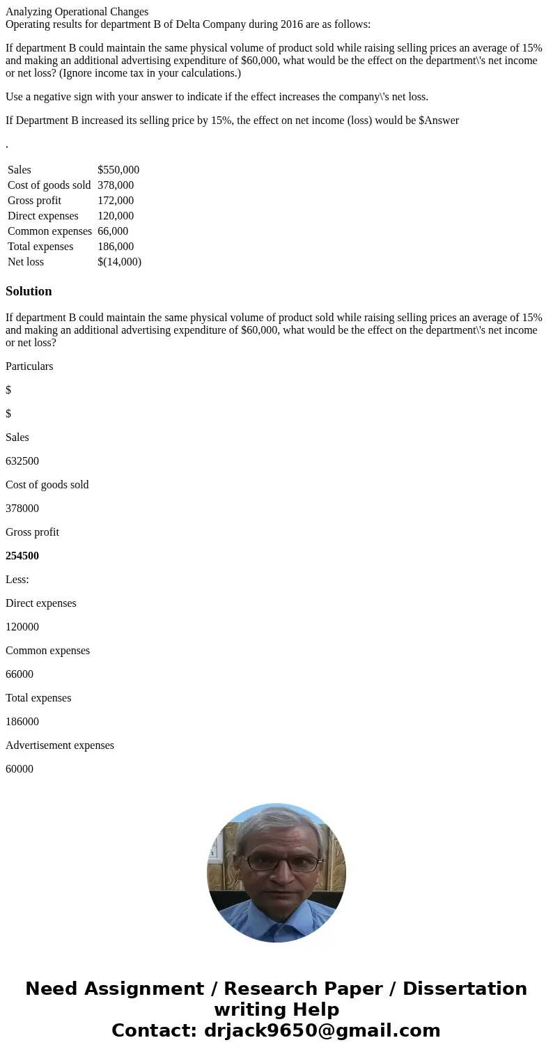 Analyzing Operational Changes Operating results for department B of Delta Company during 2016 are as follows: If department B could maintain the same physical v