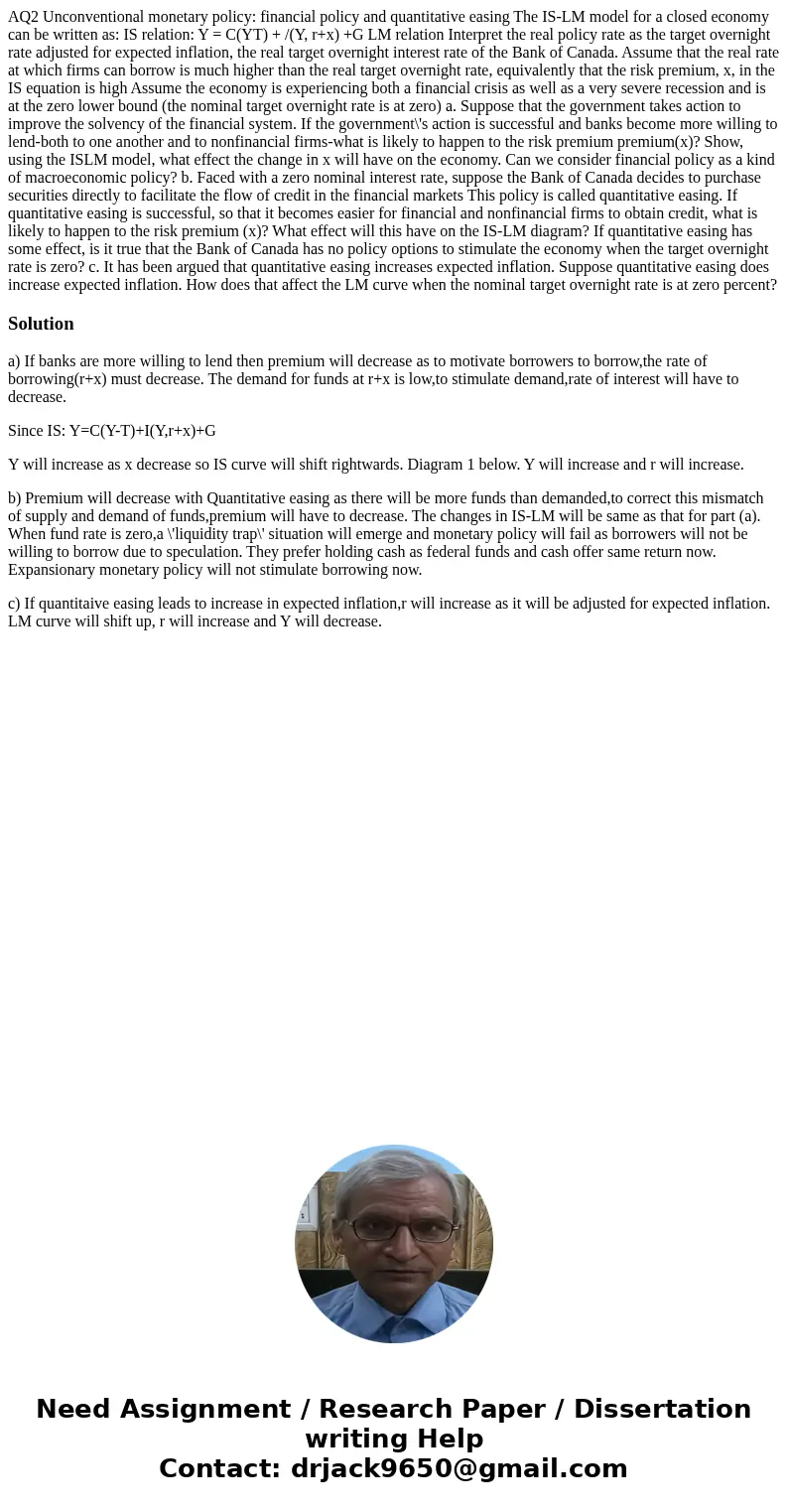  AQ2 Unconventional monetary policy: financial policy and quantitative easing The IS-LM model for a closed economy can be written as: IS relation: Y = C(YT) + /