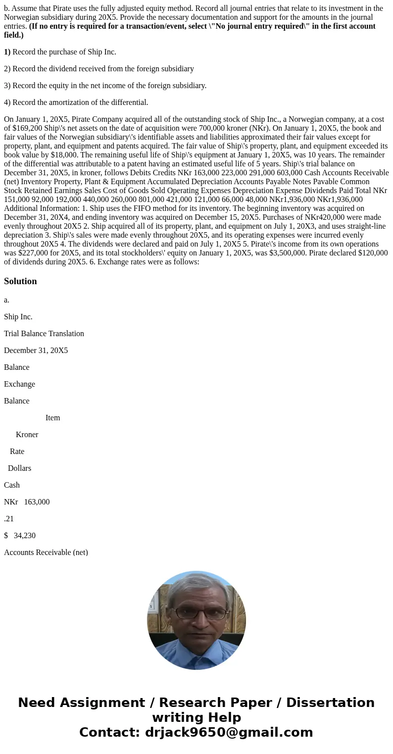 b. Assume that Pirate uses the fully adjusted equity method. Record all journal entries that relate to its investment in the Norwegian subsidiary during 20X5. P