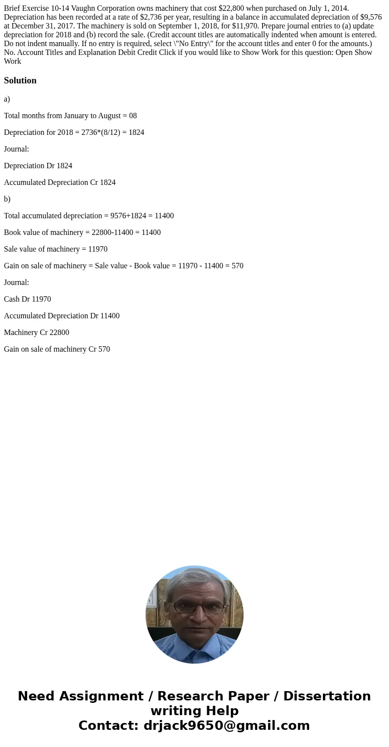  Brief Exercise 10-14 Vaughn Corporation owns machinery that cost $22,800 when purchased on July 1, 2014. Depreciation has been recorded at a rate of $2,736 per