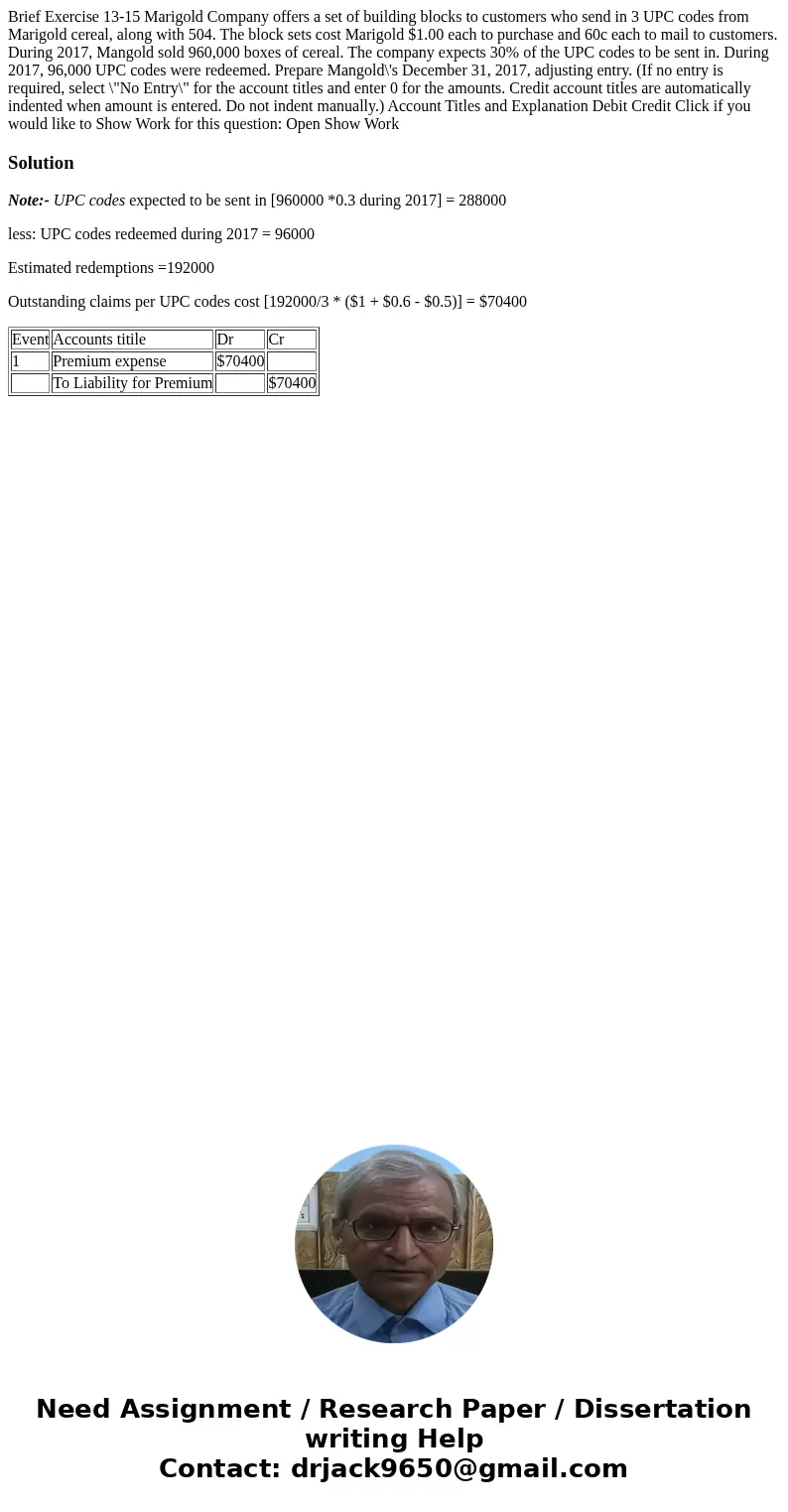  Brief Exercise 13-15 Marigold Company offers a set of building blocks to customers who send in 3 UPC codes from Marigold cereal, along with 504. The block sets
