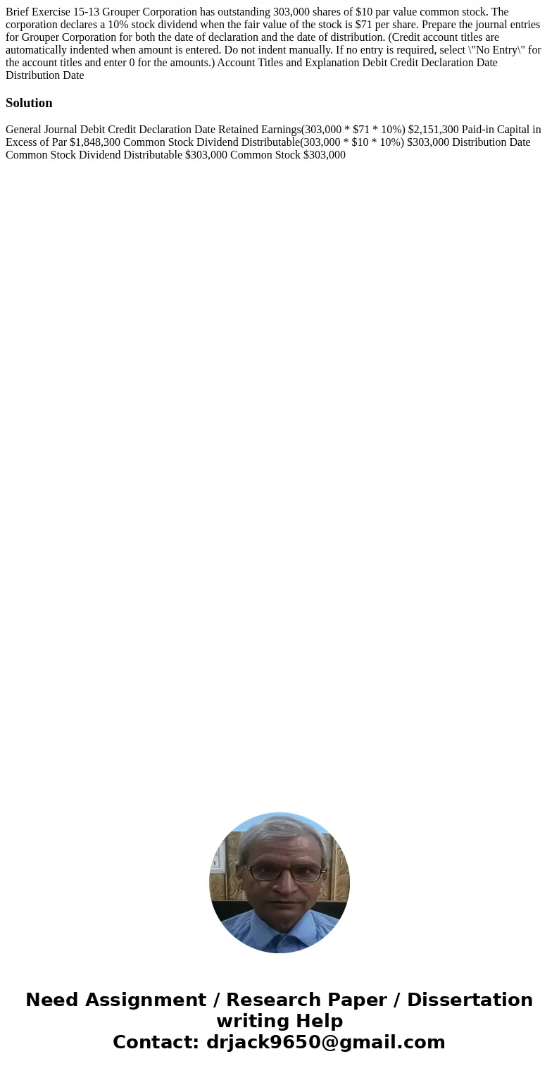Brief Exercise 15-13 Grouper Corporation has outstanding 303,000 shares of $10 par value common stock. The corporation declares a 10% stock dividend when the fa Brief Exercise 15-13 Grouper Corporation has outstanding 303,000 shares of $10 par value common stock. The corporation declares a 10% stock dividend when the fa