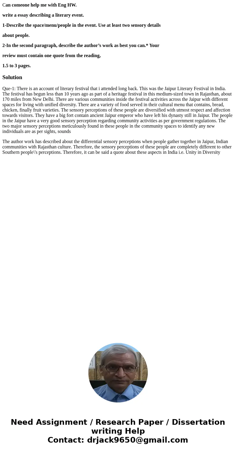 Can comeone help me with Eng HW. write a essay describing a literary event. 1-Describe the space/menu/people in the event. Use at least two sensory details abou Can comeone help me with Eng HW. write a essay describing a literary event. 1-Describe the space/menu/people in the event. Use at least two sensory details abou
