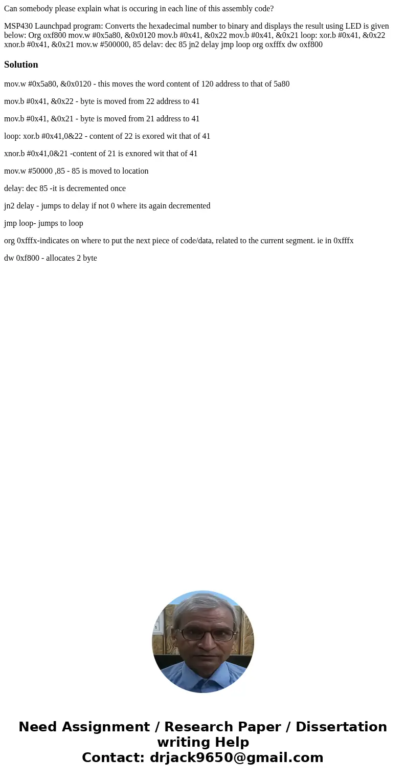 Can somebody please explain what is occuring in each line of this assembly code? MSP430 Launchpad program: Converts the hexadecimal number to binary and display