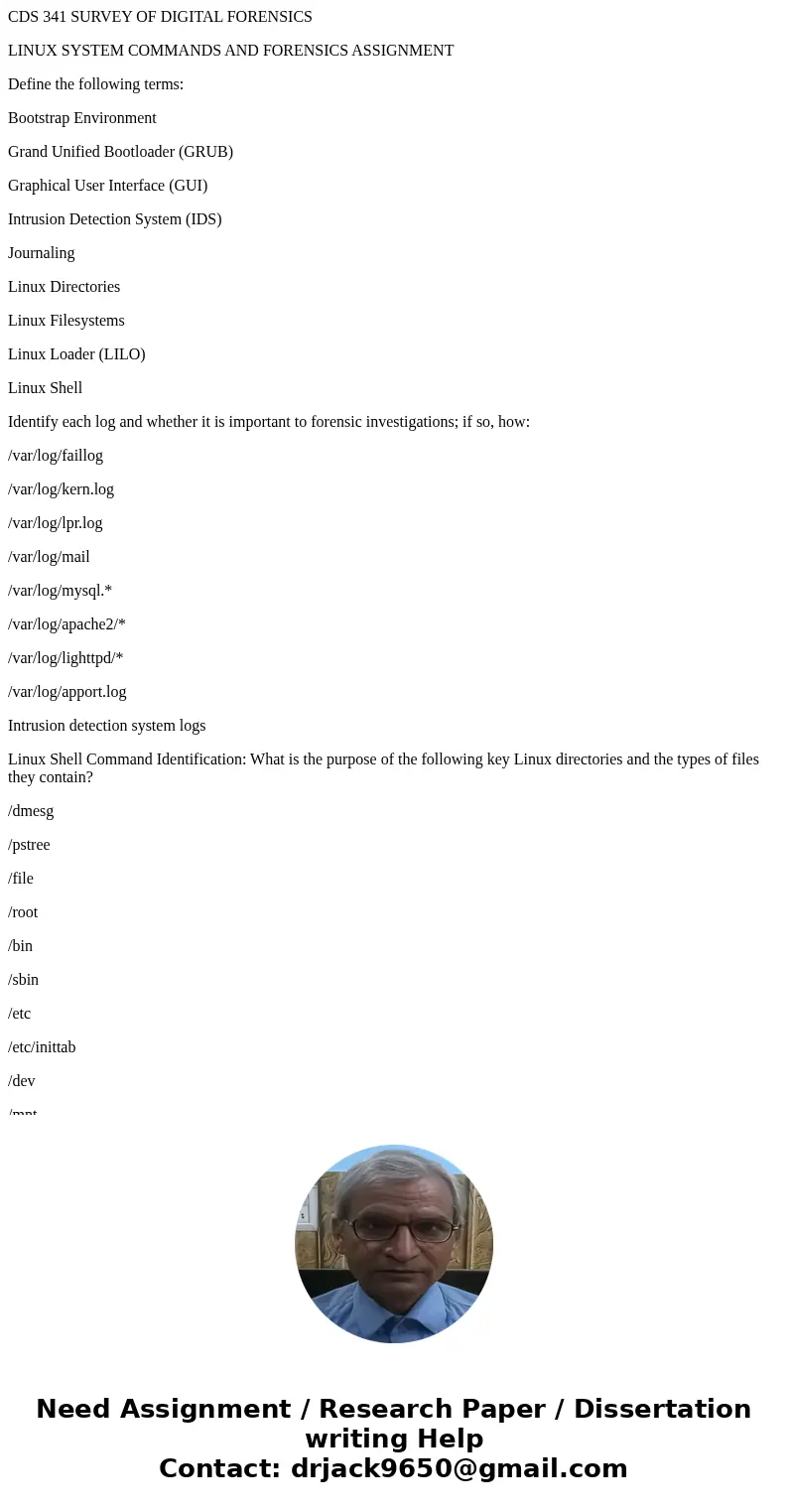 CDS 341 SURVEY OF DIGITAL FORENSICS LINUX SYSTEM COMMANDS AND FORENSICS ASSIGNMENT Define the following terms: Bootstrap Environment Grand Unified Bootloader (G