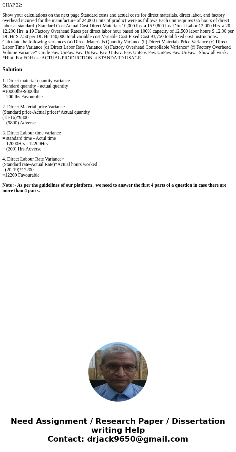 CHAP 22: Show your calculations on the next page Standard costs and actual costs for direct materials, direct labor, and factory overhead incurred for the manuf