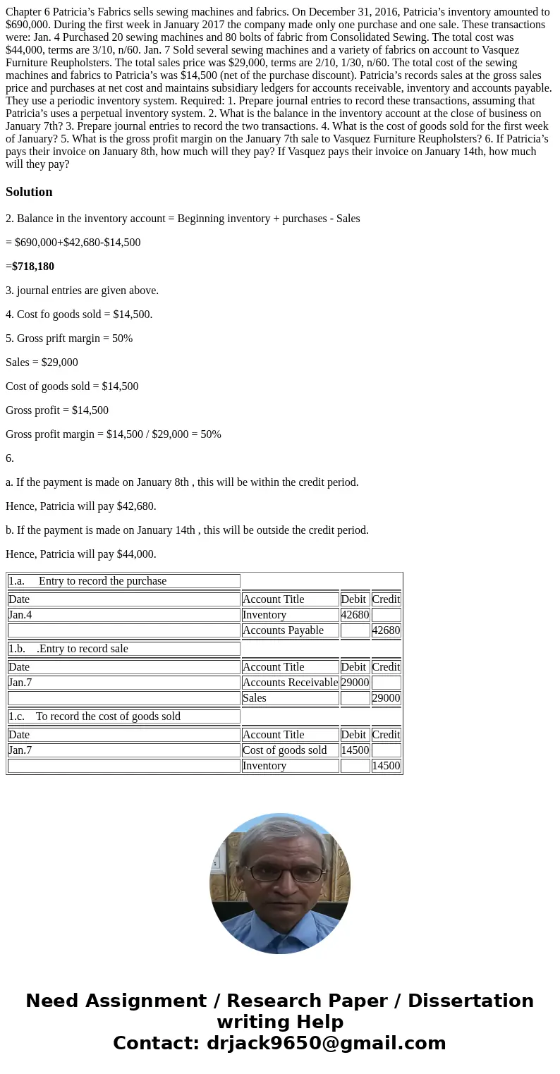 Chapter 6 Patricia’s Fabrics sells sewing machines and fabrics. On December 31, 2016, Patricia’s inventory amounted to $690,000. During the first week in Januar