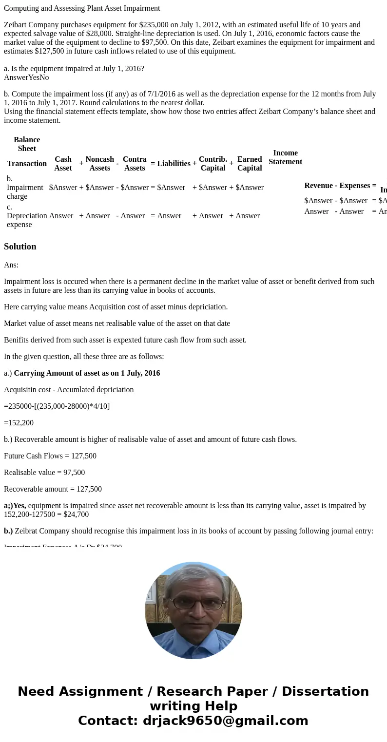 Computing and Assessing Plant Asset Impairment Zeibart Company purchases equipment for $235,000 on July 1, 2012, with an estimated useful life of 10 years and e