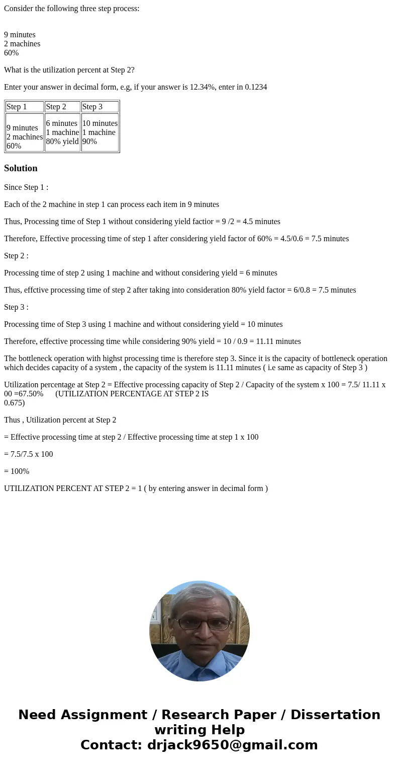 Consider the following three step process: 9 minutes 2 machines 60% What is the utilization percent at Step 2? Enter your answer in decimal form, e.g, if your a Consider the following three step process: 9 minutes 2 machines 60% What is the utilization percent at Step 2? Enter your answer in decimal form, e.g, if your a