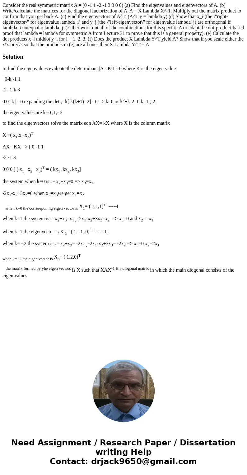 Consider the real symmetric matrix A = (0 -1 1 -2 -1 3 0 0 0) (a) Find the eigenvalues and eigenvectors of A. (b) Write/calculate the matrices for the diagonal  Consider the real symmetric matrix A = (0 -1 1 -2 -1 3 0 0 0) (a) Find the eigenvalues and eigenvectors of A. (b) Write/calculate the matrices for the diagonal