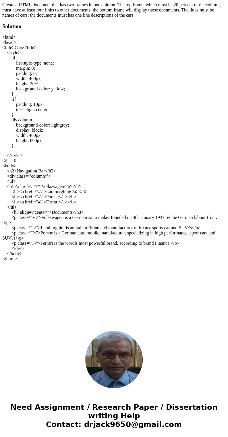 Create a HTML document that has two frames in one column. The top frame, which must be 20 percent of the column, must have at least four links to other document