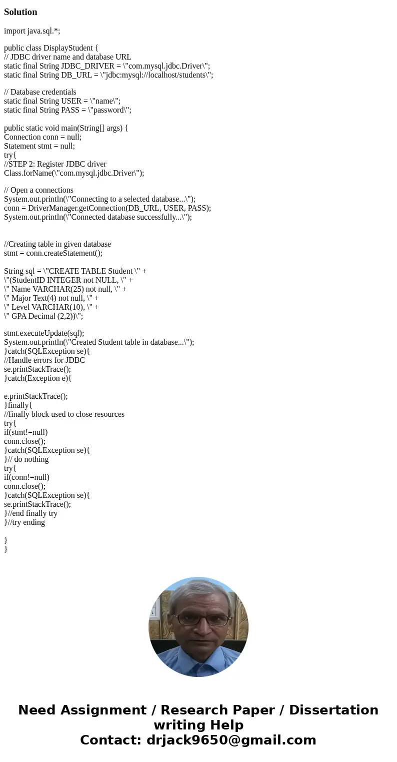 Create a table named Student with the following details: Insert Sample Data Write a program that accepts student id as input and displays student details. If t  Create a table named Student with the following details: Insert Sample Data Write a program that accepts student id as input and displays student details. If t