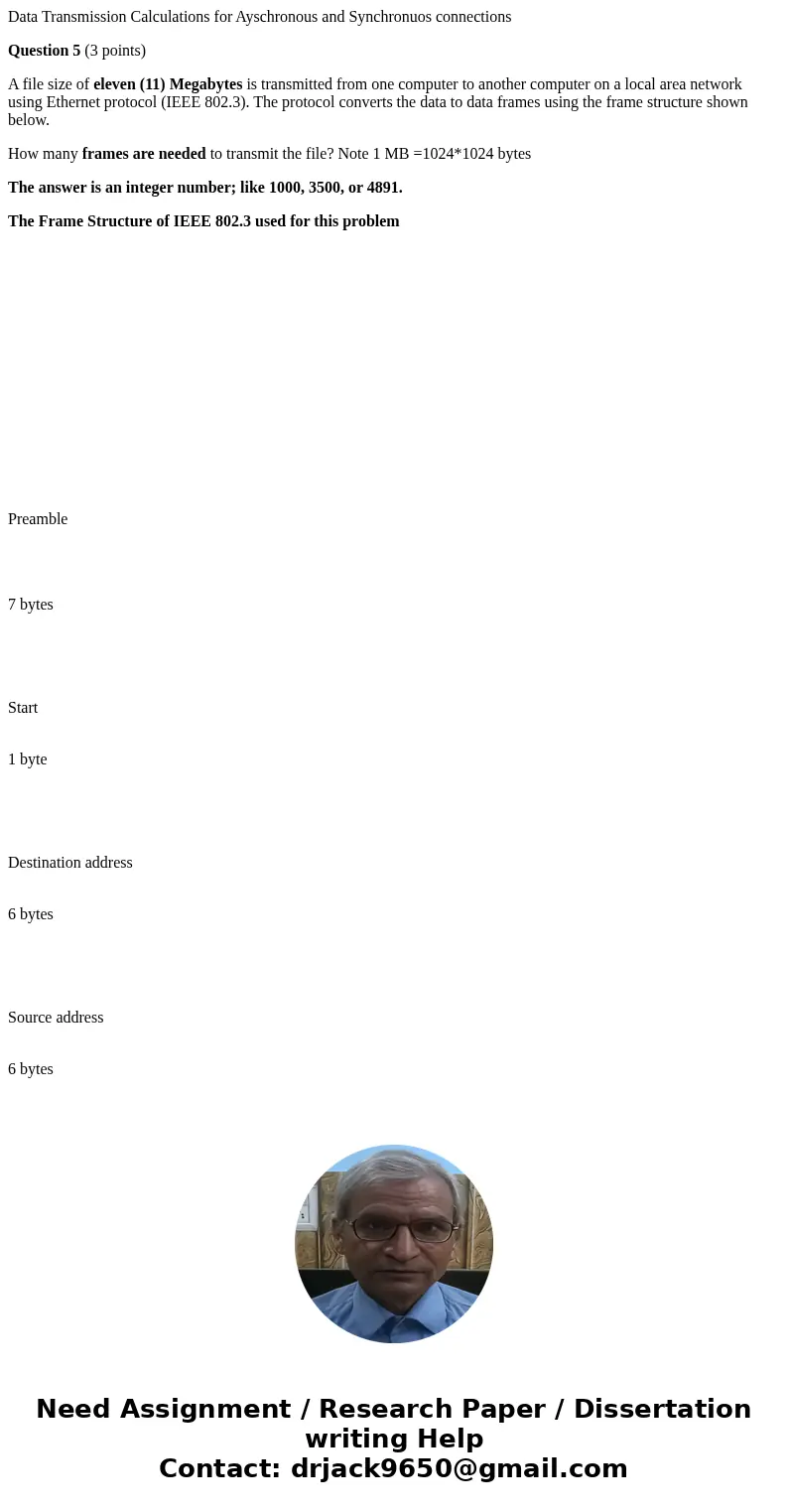 Data Transmission Calculations for Ayschronous and Synchronuos connections Question 5 (3 points) A file size of eleven (11) Megabytes is transmitted from one co