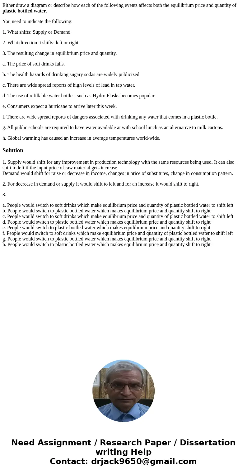 Either draw a diagram or describe how each of the following events affects both the equilibrium price and quantity of plastic bottled water. You need to indicat Either draw a diagram or describe how each of the following events affects both the equilibrium price and quantity of plastic bottled water. You need to indicat