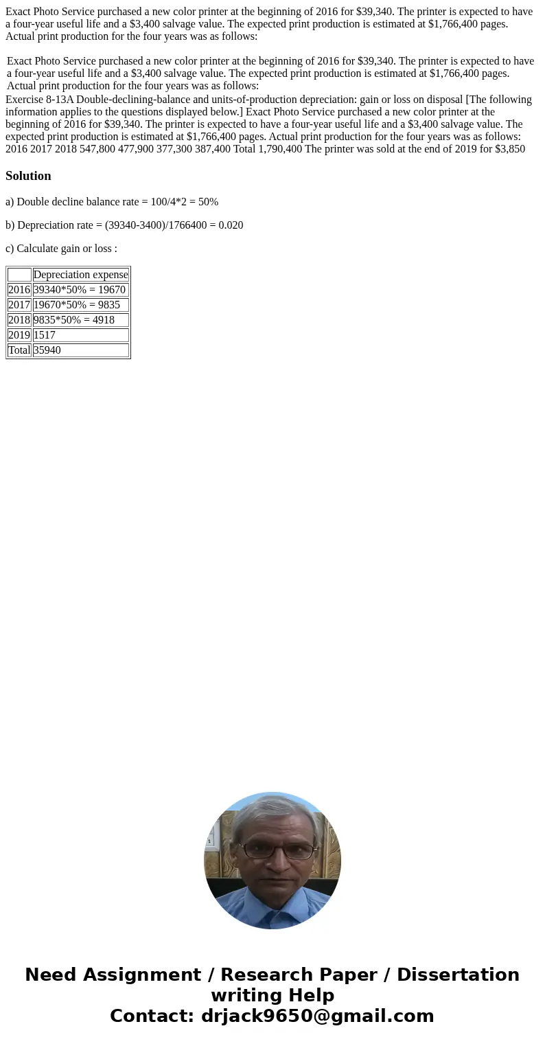 Exact Photo Service purchased a new color printer at the beginning of 2016 for $39,340. The printer is expected to have a four-year useful life and a $3,400 sal Exact Photo Service purchased a new color printer at the beginning of 2016 for $39,340. The printer is expected to have a four-year useful life and a $3,400 sal