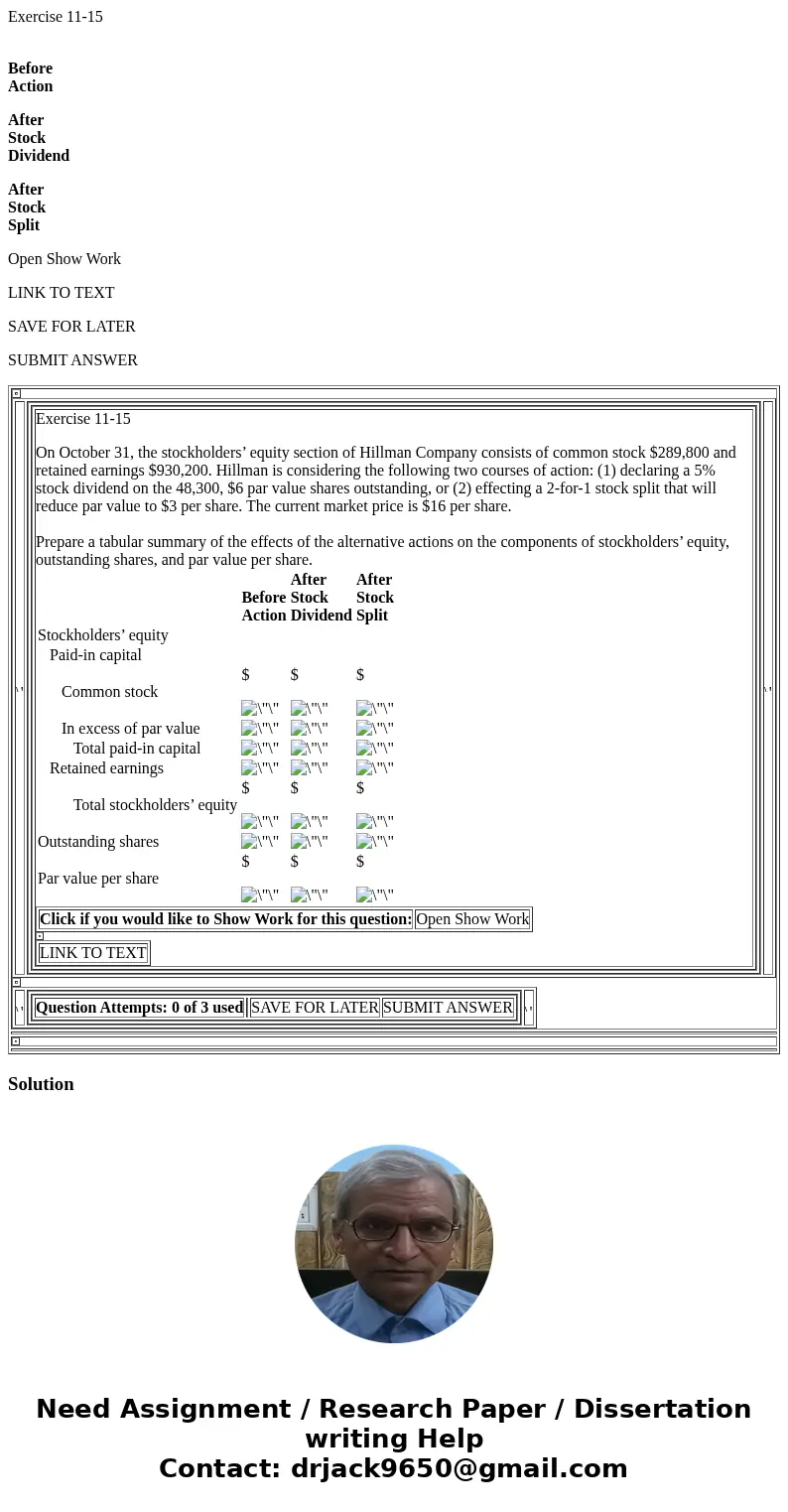 Exercise 11-15 Before Action After Stock Dividend After Stock Split Open Show Work LINK TO TEXT SAVE FOR LATER SUBMIT ANSWER Exercise 11-15 On October 31, the s