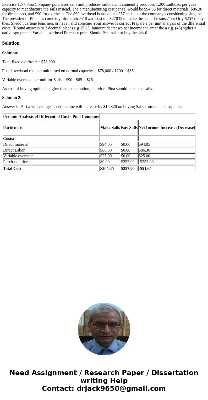  Exercise 12-7 Pina Company purchases sails and produces sailboats. It cumenitly produces 1,200 sailboats per yeax capacity to mandfacture the sails instead. Th
