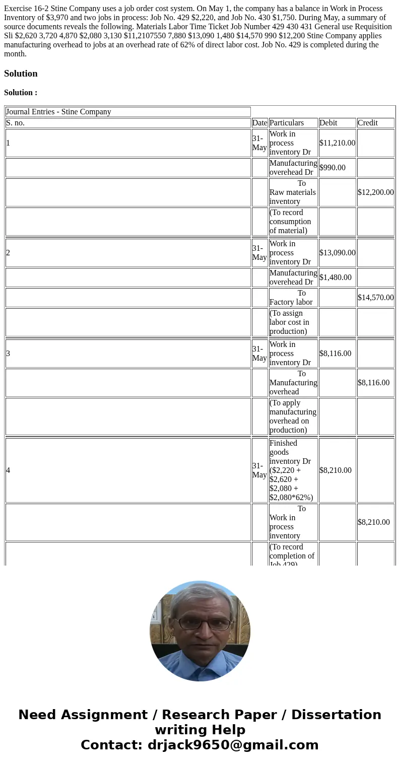  Exercise 16-2 Stine Company uses a job order cost system. On May 1, the company has a balance in Work in Process Inventory of $3,970 and two jobs in process: J