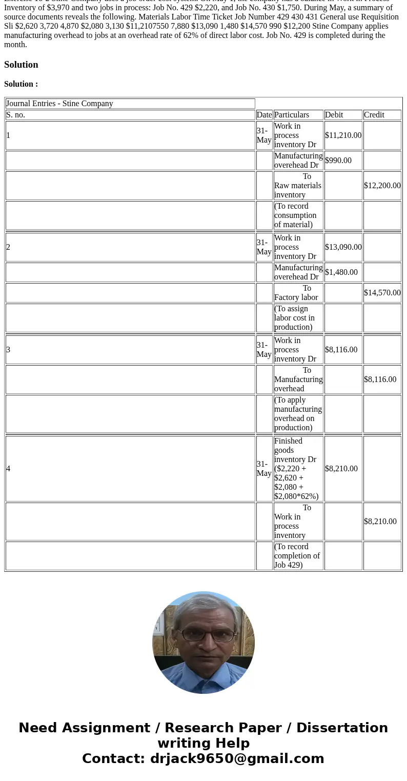  Exercise 16-2 Stine Company uses a job order cost system. On May 1, the company has a balance in Work in Process Inventory of $3,970 and two jobs in process: J