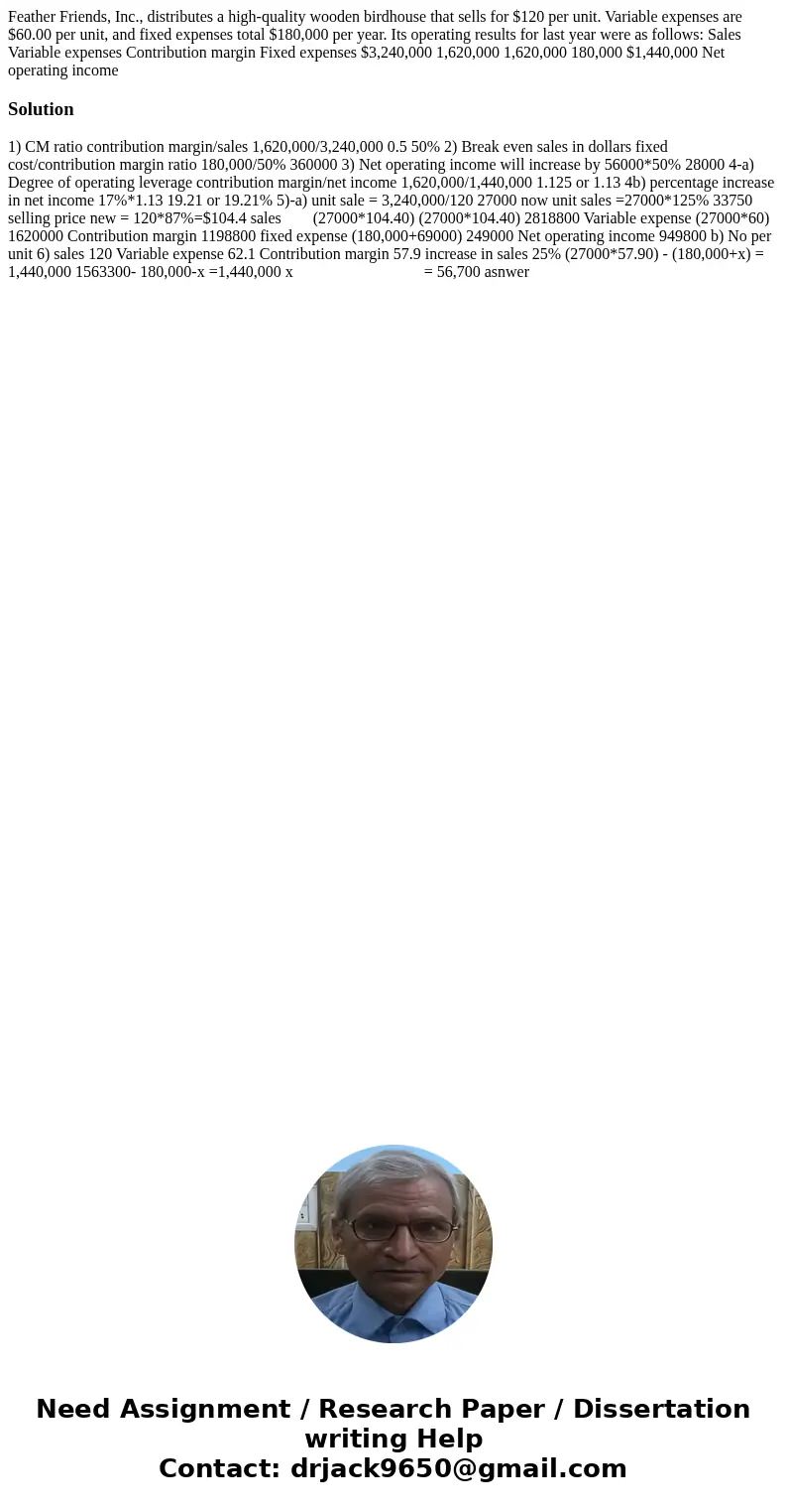  Feather Friends, Inc., distributes a high-quality wooden birdhouse that sells for $120 per unit. Variable expenses are $60.00 per unit, and fixed expenses tota