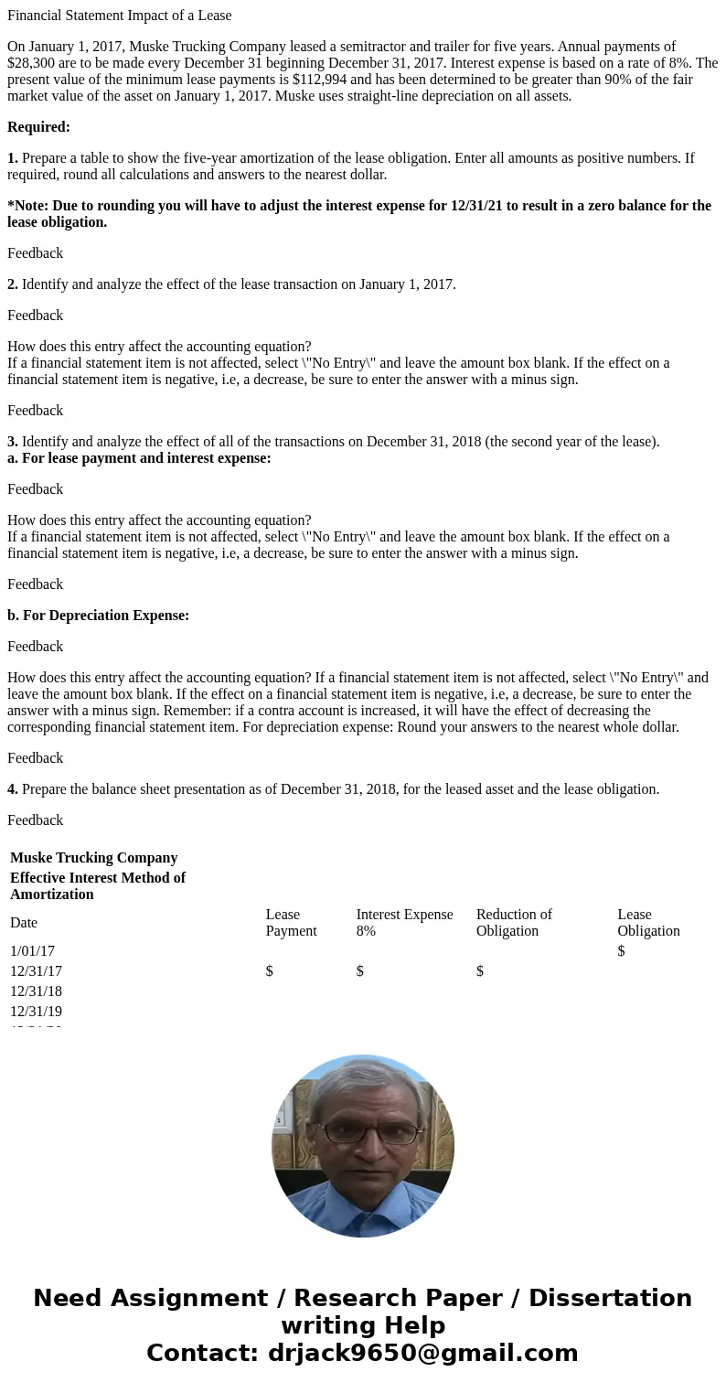 Financial Statement Impact of a Lease On January 1, 2017, Muske Trucking Company leased a semitractor and trailer for five years. Annual payments of $28,300 are
